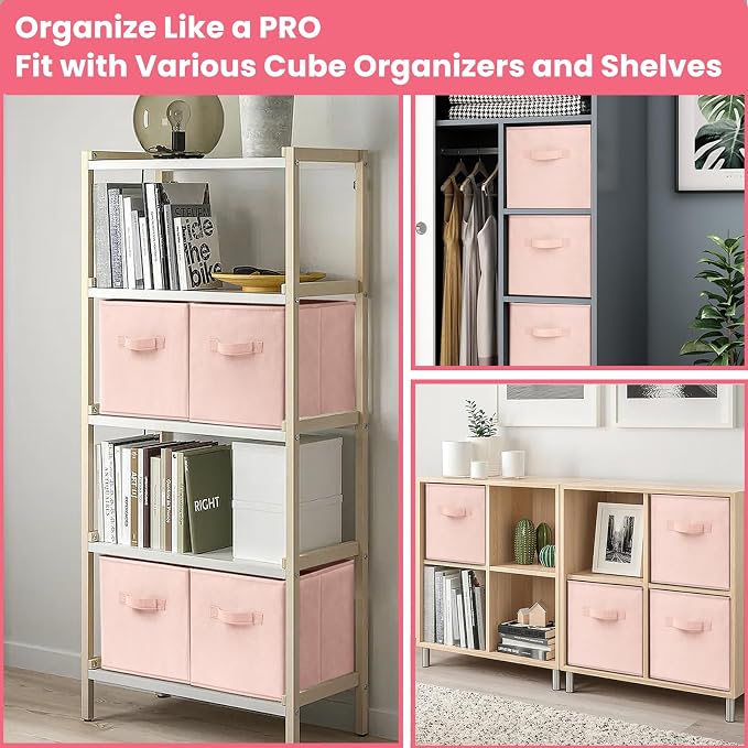 Storage Cubes- 11 Inch Cube Storage Bins for Organizing Shelves - Nursery Closet Organization Bins for Clothes Blanket - 10 Pack Collapsible Decorative Storage Box for Magazines (Pink)