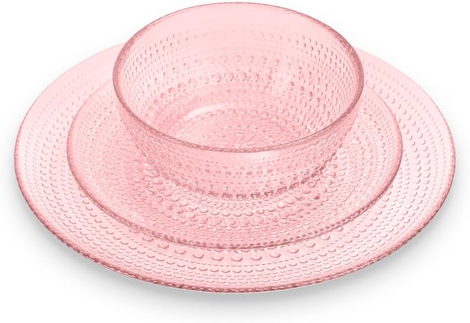 Pink Glass Dinner Plates, Small Plates, and Bowls Set – Vintage Hobnail Pink Glassware Set of 12, Elegant Tableware for Housewarming, Thanksgiving, or Everyday Dining