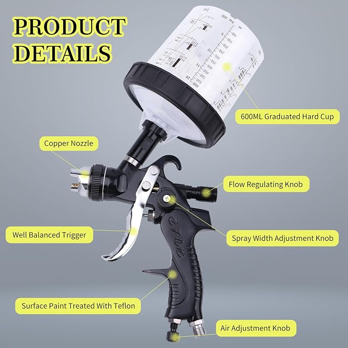 HVLP Spray Gun with 10Pcs 600ML Disposable Paint Cups, 5 Nozzles,1.4/1.7/2.0/2.5/3.0mm, Automotive Gravity Feed Paint Spray Gun Kit with Air Compressor Regulator for Auto (Black)