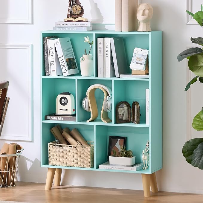 LEYAOYAO Cube Bookshelf, Mid-Century Modern Book Shelf with Legs, Green | 3 Tier Bookcase, Rustic Wood Bookshelves Freestanding Small Storage Organizer, Open Shelves for Bedroom, Living Room, Office