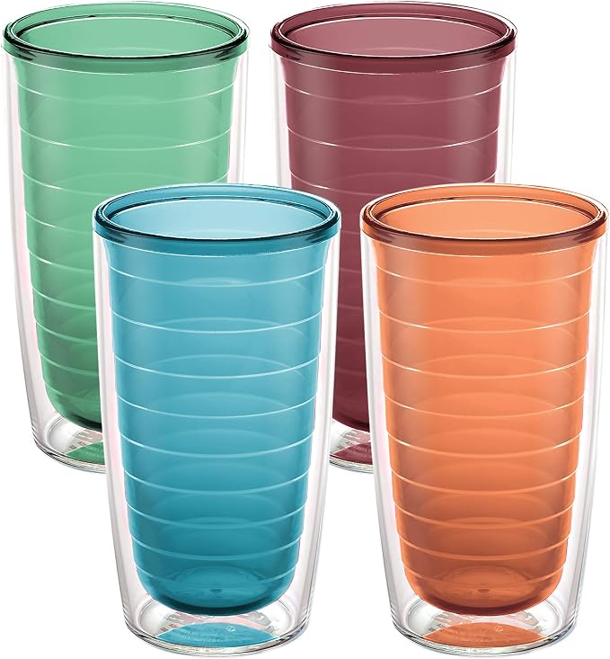 Tervis Clear & Colorful Tabletop Made in USA Double Walled Insulated Tumbler Travel Cup Keeps Drinks Cold & Hot, 16oz - 4pk, Assorted | Made in USA, Double-wall Insulated, Shatterproof, BPA-Free, Dishwasher Safe, Fits Most Cupholders, Great to Gift, Se...