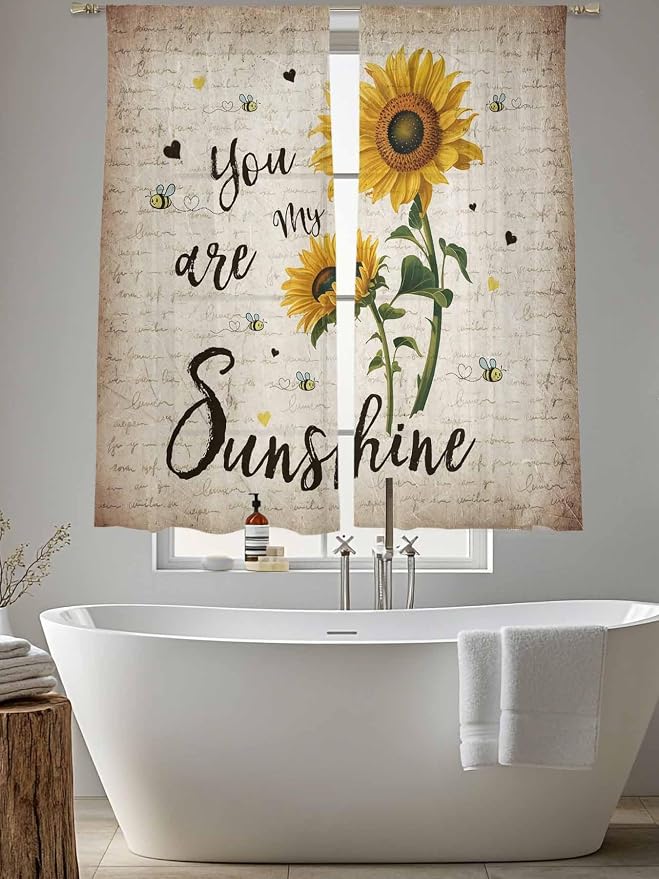 Sunflower Voile Sheer Curtain 63 Inch, Rod Pocket Rustic Yellow Floral Sheer Window Curtain Panels, Vintage Retro Beige Newspaper Letter Semi-Sheer Tulle Drape Chiffon Fabric for Bedroom Living Room