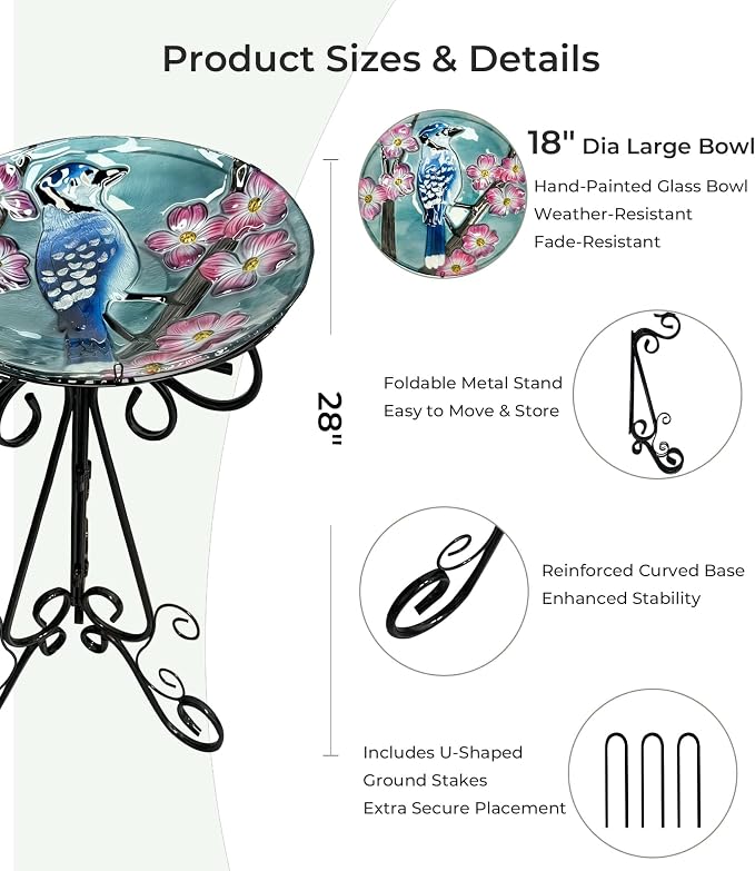 Large Glass Bird Bath with Metal Stand, Blue Jay | 18" Wide Bowl, 3.2" Bathing Depth, Thick Glass Construction, Stable 3-Leg Base, Easy Clean Surface, Garden Decor