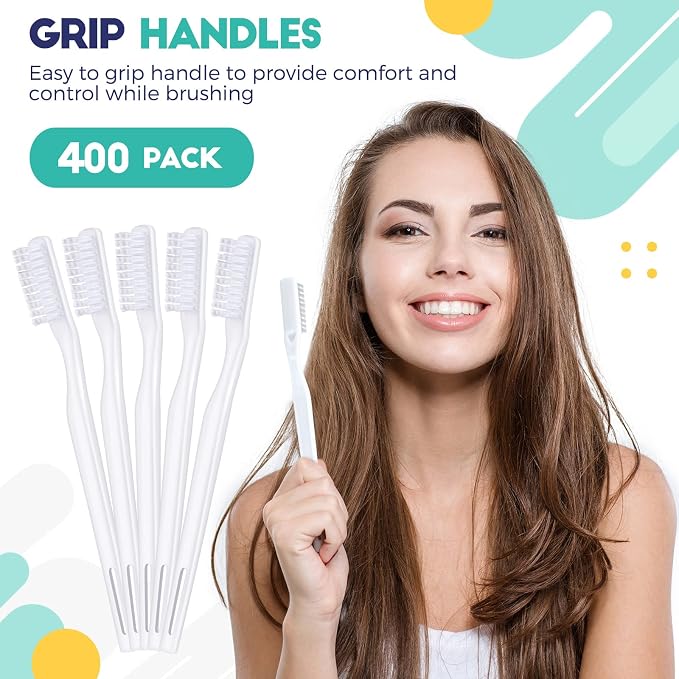 Disposable Toothbrush Bulk, White, 400 Pack, Adult | Individually Wrapped, Hard Bristle, Manual, Travel, Single Use