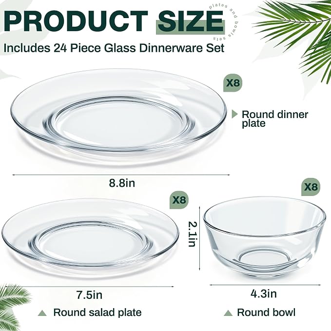 Havawish 24 Pcs Glass Dinnerware Set Sleek Round Clear Glass Plate and Bowl Sets for Dessert, Salad, Fruit, Dishwasher, Microwave Safe Kitchen Dining