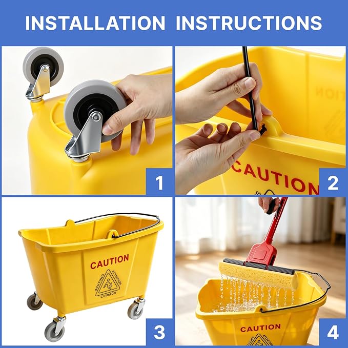 Mop Bucket on Wheels, Commercial Sponge Mop and Bucket Set for Floor Cleaning with 2 Compressed Cellulose Replacement Heads, Heavy Duty Industrial Mops for Hardwood Tile for Office Workshop Warehouse