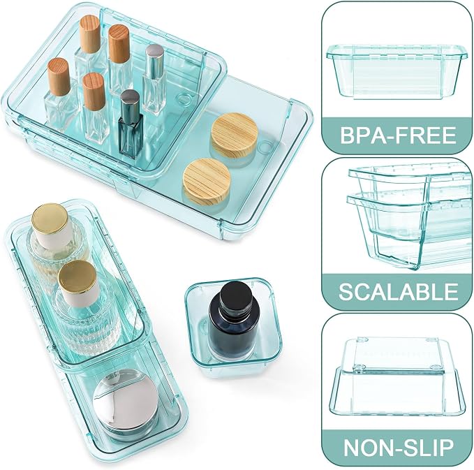 25 Pcs Clear Drawer Organizer, Adjustable Drawer Storage Box, 3-Size Desk Drawer Organizer, Acrylic Storage Bins for Makeup, Kitchen Utensils, Bedroom Dressers Tool Organizer for Gadgets, Blue