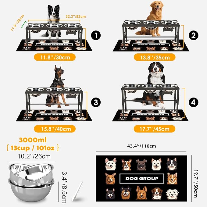 Extra Large Elevated Dog Bowls, 4 Adjustable Height with Three 101oz/3000ml Large Stainless Steel Bowls and Splash pad, Raised Dog Bowl Stand for Large and Extra Large Breeds