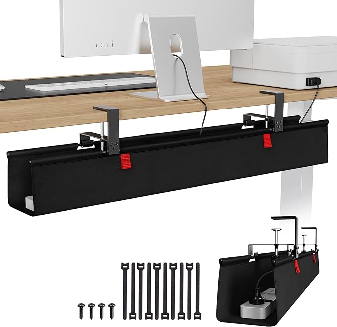KEEGH Large 36" Under Desk Cable Management Tray - Under Desk Cord Organizer - Clamp/Screw Mount - Support Upto 70lbs - Fabric Wire Management - Gaming/PC Cable Raceways - Cord Hiders for Office/Home