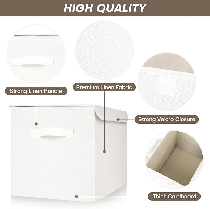 Bagnizer Large 42 Quarts Fabric Storage Bins with Lids [2-Pack] Linen Collapsible Foldable Storage Cubes, Closet Organizer Containers boxes with Handles for Home Office (16.7 x 12 x 12, White)