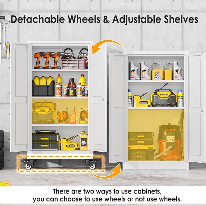 PAOFIN Metal Garage Storage Cabinet with Wheels,Steel File Cabinets with 2 Doors and 3 Adjustable Shelves for Home Office, Warehouse, Required Assembly,White