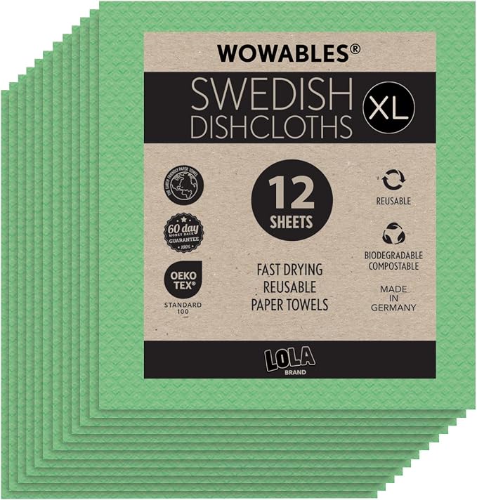 Swedish Dishcloths for Kitchen XL, 12 Sheet Roll, Biodegradable & Compostable, Reusable Paper Towel Cleaning Cloths, 11" x 10", No Odor, Washing Dishes, Ultra Absorbent Cellulose Sponge Towel, By LOLA