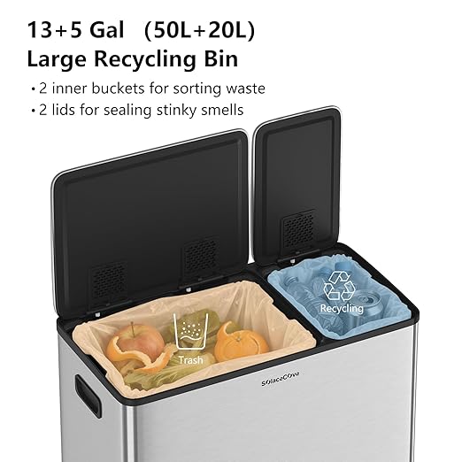 Dual Trash and Recycling Bins for Kitchen, 13+5.3 Gallon Stainless Steel Garbage and Recycle Bin Combo for Large Families, Soft Close Lid, Removable Liner Buckets, Silver