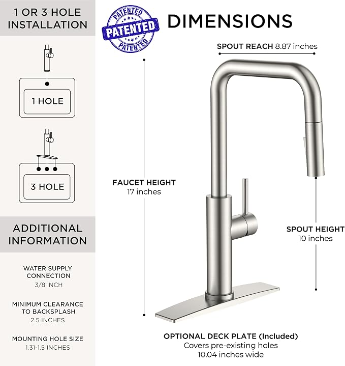 FORIOUS Kitchen Faucet with Pull Down Sprayer, Brushed Nickel Single Handle U-Spout Stainless Steel Kitchen Sink Faucet, 1 or 3 Hole Deck Mount for RV, Bar, Farmhouse, Laundry, Outdoor
