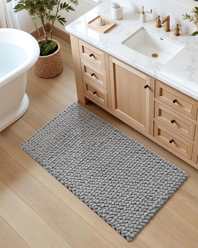 DEXI Bathroom Rugs 43x24, Non Slip Washable Bath Mat, Luxury Chenille Super Absorbent Ultra Thick Bathmats for Shower Floor, Plush Fluffy Shaggy Carpet for Tub, Light Grey