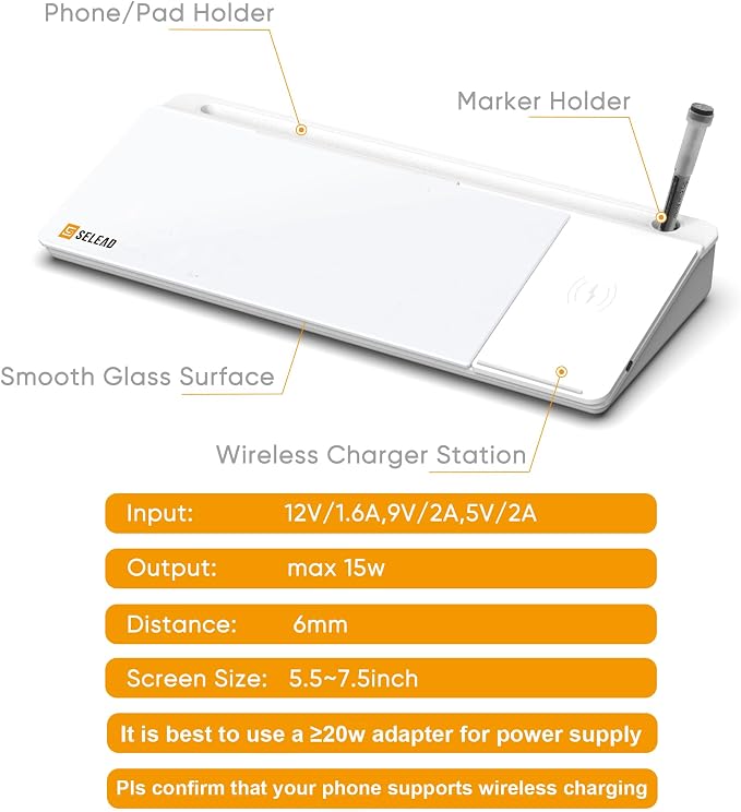 SELEAD Desktop Glass Whiteboard with Wireless Charger & Built-in Mirror, Dry Erase Board Computer Pad Keyboard Stand with Organizer for Home, School, Office Desk Accessories, White