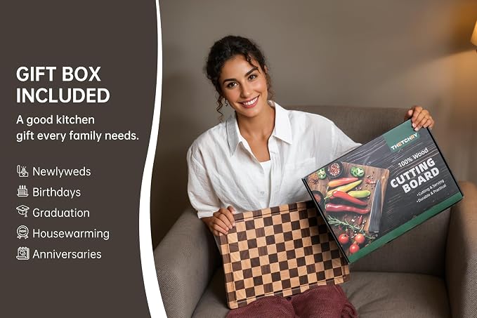 Cutting Boards for Kitchen, Checkered Wood Cutting Board | Walnut Chopping Board with Juice Grooves & Handles, Butcher Block Serving Tray with Gift Box 16" x 11" x 0.8"