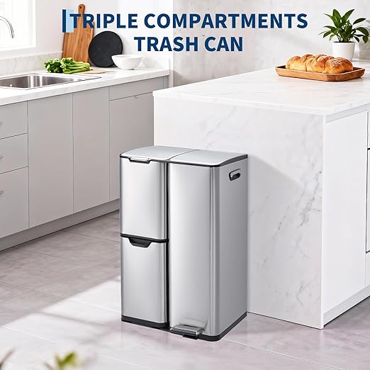 16 Gal Recycle Bins for Kitchen, Triple Compartment Garbage Can with Lid, Stainless Steel Trash and Recycling Bin Combo with Inner Bucket & Foldable Foot Pedal for Home Office, Silver
