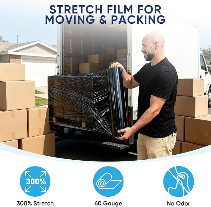 TICONN 4Pk Stretch Wrap Stretch Film Roll, 1000ft Industrial Strength 18 inch Wide Black Plastic Wrap for Pallet Wrapping Shipping Moving (No Handle)