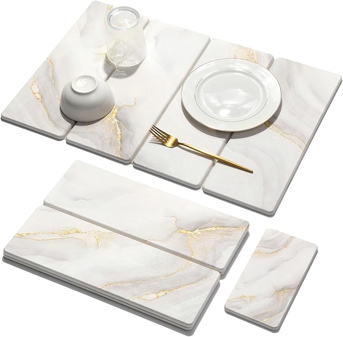 Large Stone Dish Drying Mat for Kitchen Counter, 2 PCS Quick Dry Stone Mats, Foldable Water Absorbing Diatomaceous Earth Drying Dishes Pad for Countertop Bottle Utensil Cup(Yellow White 24"x16"&8"x4")