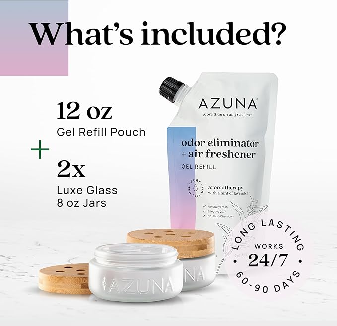Azuna Air Freshener & Odor Eliminator for Strong Odor | 2 Room Kit Includes (2) 8 oz. Empty Luxe Glass Jars & 12 oz | Plant Powered by Australian Tea Tree Oil | Aromatherapy | Last 60-90 Days