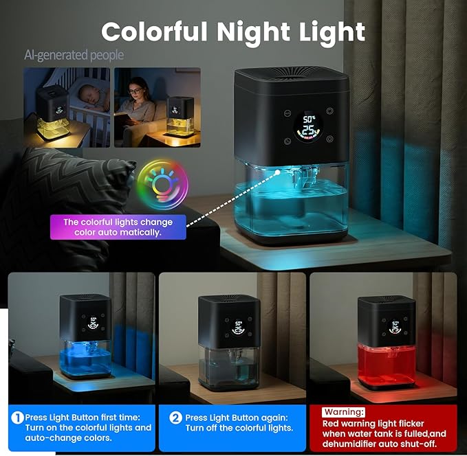 Small Dehumidifier for Bedroom – 63oz Auto Dehumidify (60/70%) & Continuous Mode, 35dB Ultra Quiet for Bathroom Apartment Home Closet RV, Portable Auto Defrost & Auto Shut-Off, 7-Color & Timer, Black