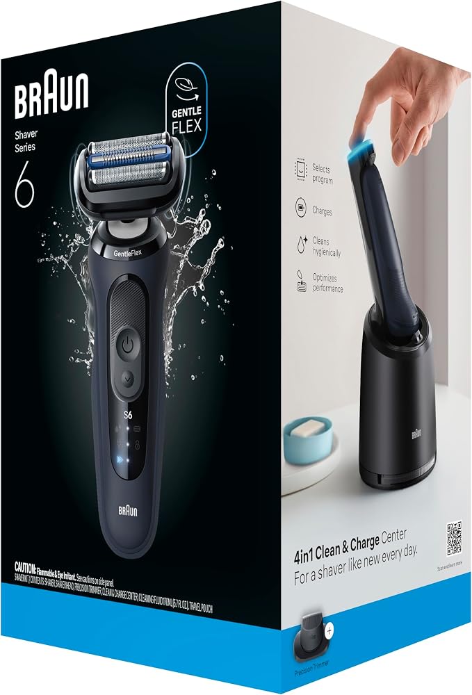 Braun Series 6 Electric Shaver for Men, Wet & Dry Foil Razor, 4-in-1 SmartCare Clean & Charge Center, Precision Trimmer Attachment, Replacement Shaver Head, Travel Case, Dark Blue 6177ps