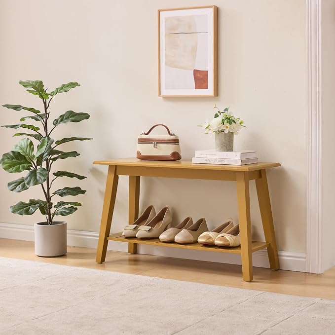 KB Designs - Contemporary Rectangle Storage Bench with Streamlined Design Polished Bottom Shelf for Books Shoes and Magazines Versatile Seating and Entryway Organization - Honey Mustard