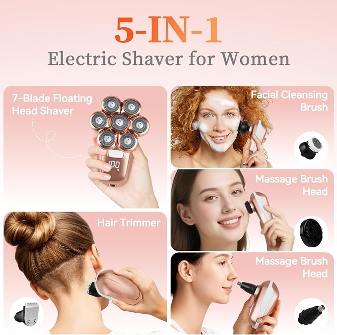 Electric Razors for Women, 5-in-1 Electric Shaver with 7D Magnetic Head, IPX7 Waterproof Wet Dry Hair Remover with LED Display, Travel Lock for Body Face Underarms Bikini Legs (Rose Gold)