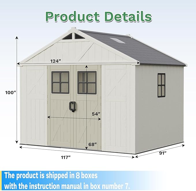 Greesum 10X8FT Plastic Outdoor Storage Shed with Floor and Lockable Door, Resin Sheds with 3-Windows and Multiple Skylights, HDPE Kick-it Shed for Garden, Patio, Backyard, Beige