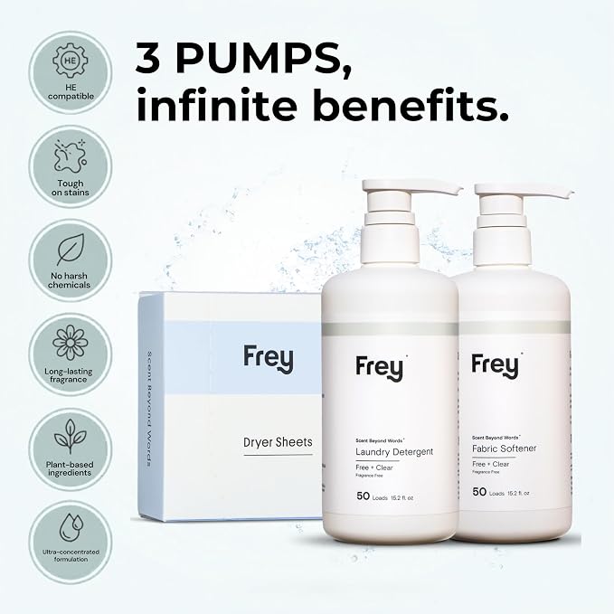 FREY The Complete Package - Concentrated Liquid Laundry Detergent, Fabric Softener, & Dryer Sheets (Fragrance-Free)
