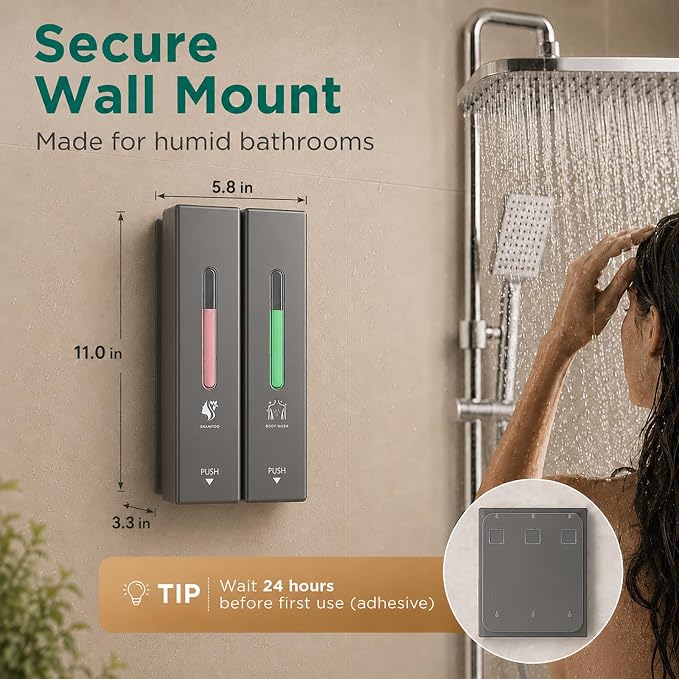 Shampoo and Conditioner Dispenser Wall Mounted, 3-Chamber Shower Soap Dispenser for Bathroom, 1200ML Large Capacity, No-Drill Installation, Clog-Free Pump for Thick Liquids (grey-2-pack)