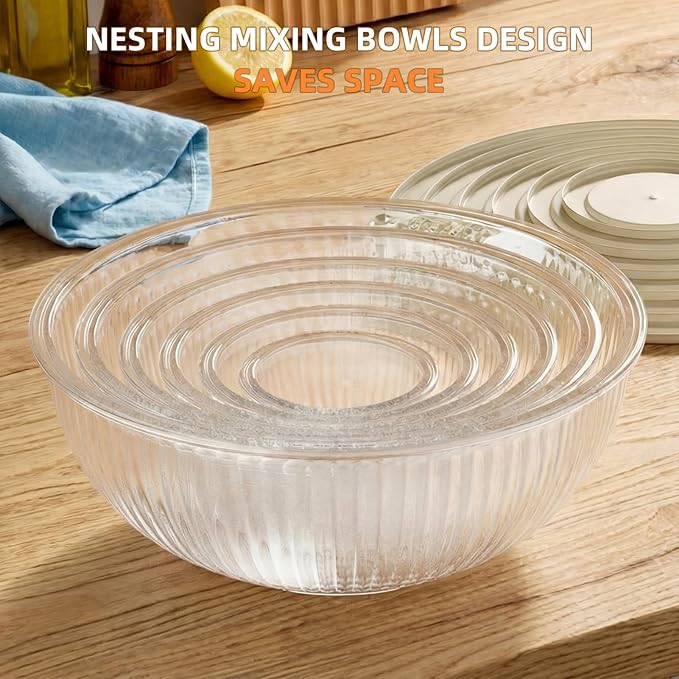 Glass Mixing Bowls with Lids Sets - 6 Packs Size: 5.9-3.7-2.1-1-0.5-0.2QT, Borosilicate Nesting Glass Bowls Containers for Baking,Salad,Meal Prep,Serving,Food Storage,BPA Free & Dishwasher Safe