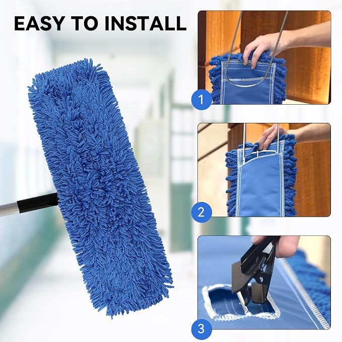 Commercial 24 Inch Dust Mop Head: Replacement Sweeper and Janitorial Industrial Dust Mop Head for Floor Cleaning, Office, School, Restaurant, Hospital (Blue - 6 Pack)