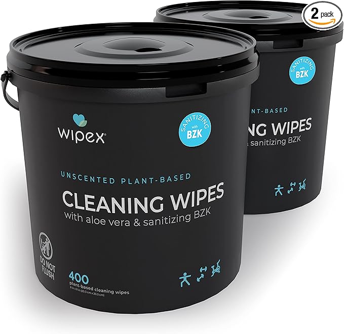Wipex Fitness Wipes - 400ct Dispensing Bucket with Sanitizing BZK for Hands, 2 Pack Bulk Supply, Great for Fitness Centers, Yoga Studios, and Commercial & Home Gyms