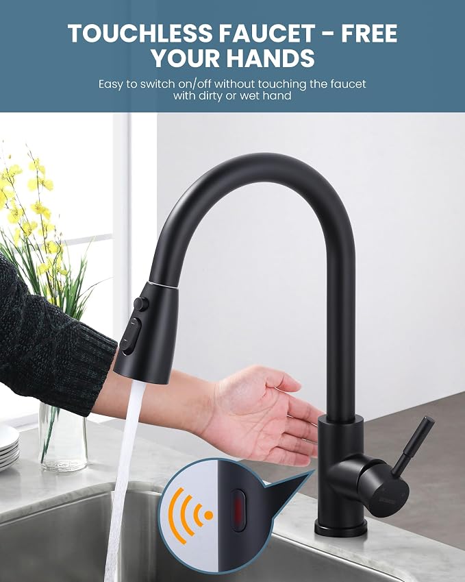 WOWOW Touchless Kitchen Faucet with Sprayer, Smart Motion Sensor Matte Black Kitchen Sink Faucet, Stainless Steel Kitchen Faucet for Sink 1 or 3 Hole Single Handle Kitchen Tap