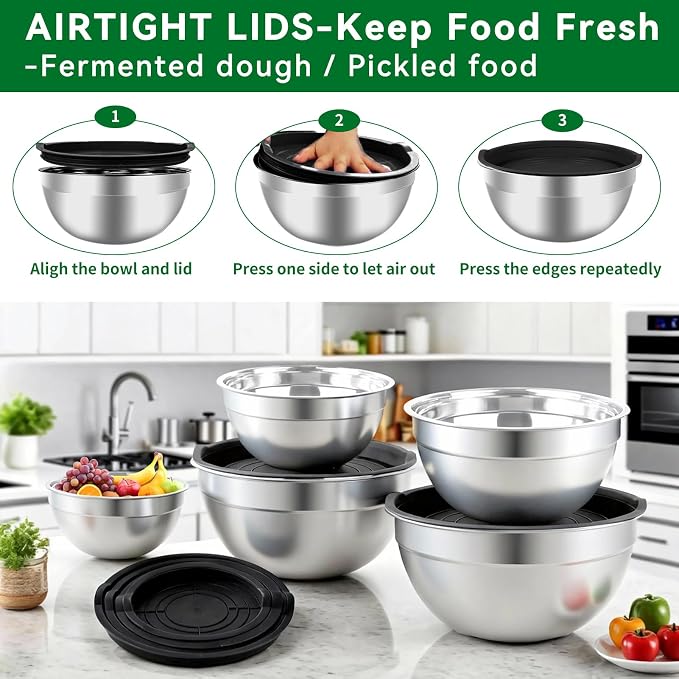 WEPSEN Mixing Bowls Set, 25PCS Stainless Steel Mixing Bowl with Lid Set, Large Nesting Bowls 7, 4.5, 3,2, 1.5QT, Measuring Cups and Spoons Baking Utensils Metal Bowl for Kitchen Prep