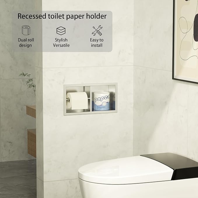 Neodrain Dual Roll Recessed Toilet Paper Holder - Brushed Nickel 304 Stainless Steel, Hidden in-Wall Space-Saving for Modern Bathroom Tissue Holder(Brushed)