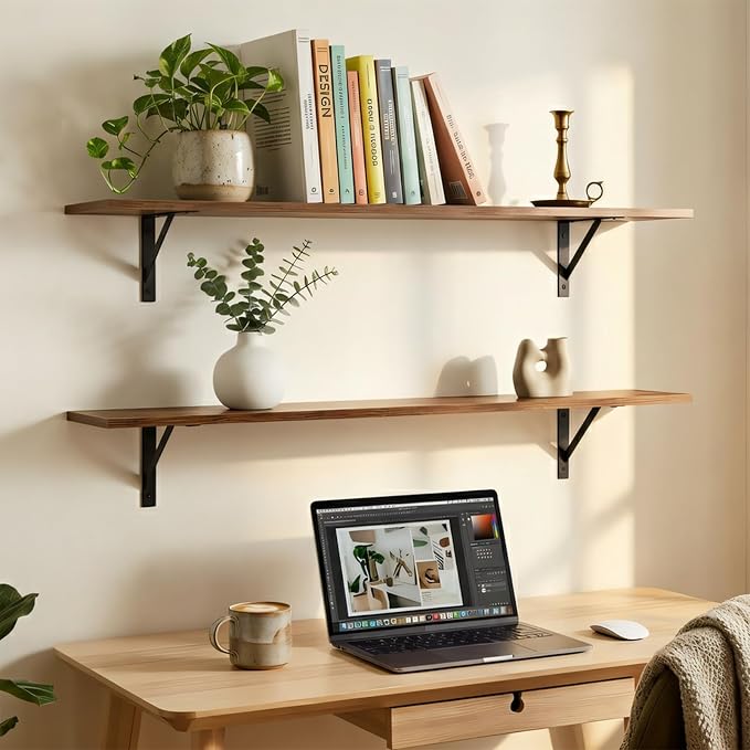 DINZI LVJ Long Wall Shelves, 55.1Inch Wall Mounted Shelves Set of 2, Extra Large Floating Storage Ledges with Sturdy Metal Brackets for Living Room, Bathroom, Bedroom, Kitchen, Rustic Brown