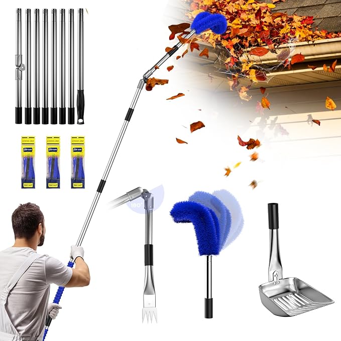 13ft Gutter Cleaning Tools From the Ground, No Ladder Needed, 3-in-1 Gutter Cleaner Pole with Replaceable Brush Rake Scoop, 180° Adjustable Angle for Leaves & Debris Cleaning with Grip Tapes, Blue