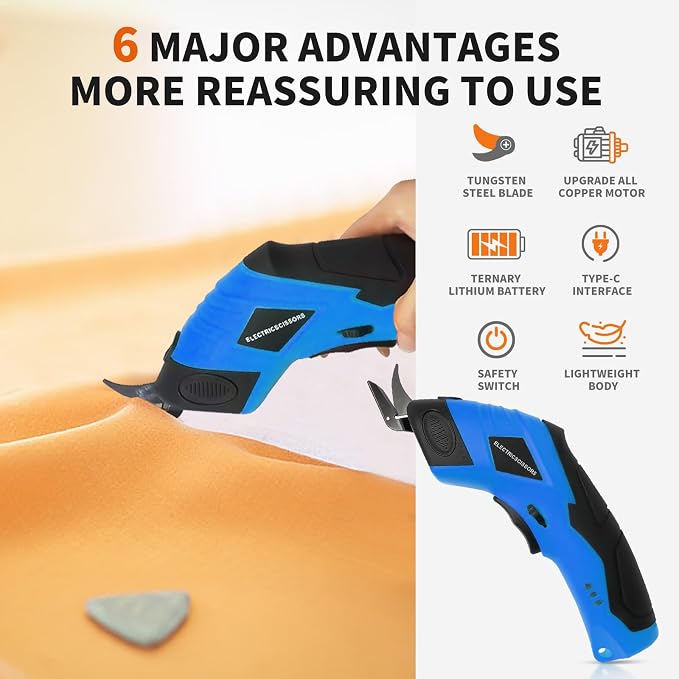Super Scissors, Cardboard Cutter，Electric Box Cutter,Ultimate Cutting Tool for Home& Craft,Cordless Electric Scissors 2 Blades Included，Cutting Fabric, Cardboard & Plastic(blue)