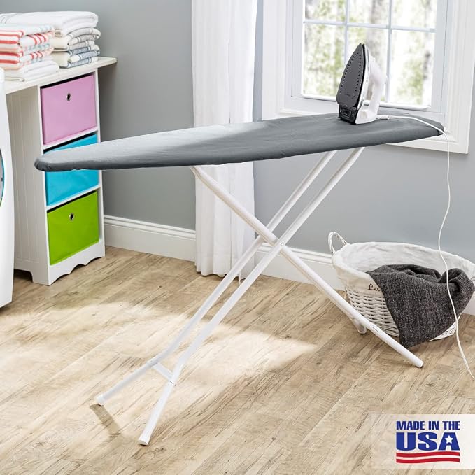 Full Size Ironing Board Made in USA – Dark Grey by Seymour Home Products 4 Heavy-Duty Steel Legs Perforated Top for Steam Includes Cover & Pad Sturdy, Foldable Iron Board for Home & Laundry