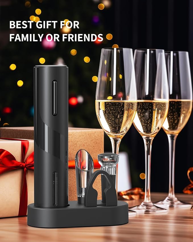 CIRCLE JOY Electric Wine Bottle Opener Set Rechargeable Wine Corkscrew Cordless Wine Opener Gift Set with Charging Base, Foil Cutter, Wine Aerator Pourer and Vacuum Wine Stopper, Black