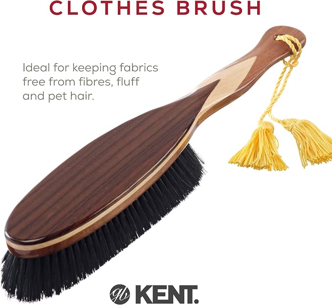 KENT CR8 Clothes Brush, 100% Natural Black Boar Bristle Lint Remover for Cashmere, Wool, and Silk for Keeping Fabrics Free from Fibres, Fluff and Pet Hair. Luxury Three Veneered Woods. Made in England