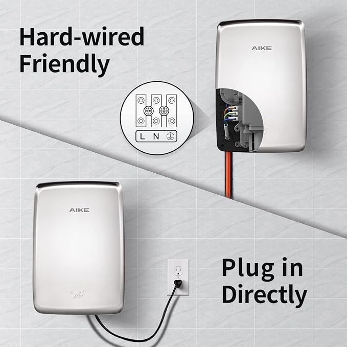 AIKE UL Approved Compact Jet Hand Dryer Hard-Wired Friendly, 1350W 120V Polished Stainless Steel Model AK2803D