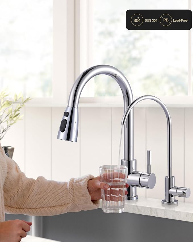 Kitchen Faucet and Water Filter Faucet Combo, WOWOW Stainless Steel Kitchen Sink Faucet with Drinking Water Faucet for Reverse Osmosis or Water Filtration System, Chrome