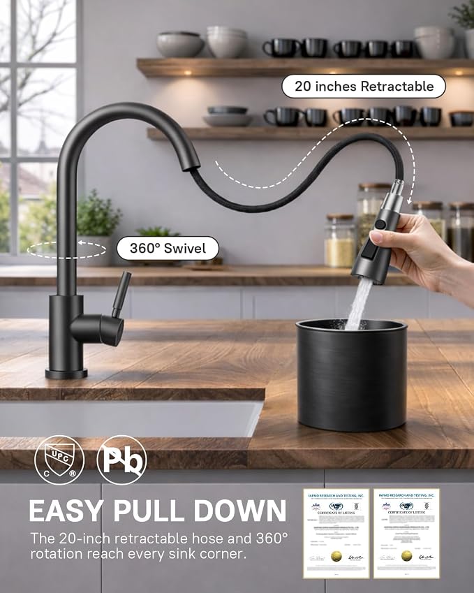 WEWE Kitchen Faucets with Pull Down Sprayer, Stainless Steel Single Handle 1 Hole for Family Kitchen Commercial Camper Laundry Rv Bar, Matte Gray
