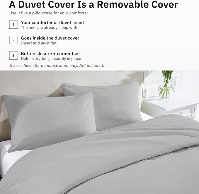 California Design Den 2-Piece Twin Size Duvet Cover Set - 400 Thread Count, 100% Cotton Sateen, Soft Twin Duvet Cover Set, Button Closures, Corner Ties, Durable Bedding - Light Grey