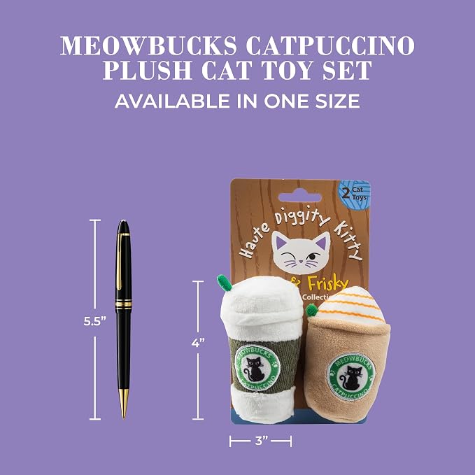 Haute Diggity Kitty Meowbucks Catpuccino Set, Plush Cat Toys Catnip Filled with Interactive Crackle Sound, Safe & Durable Toys for Cat & Kitten, 2 Pcs
