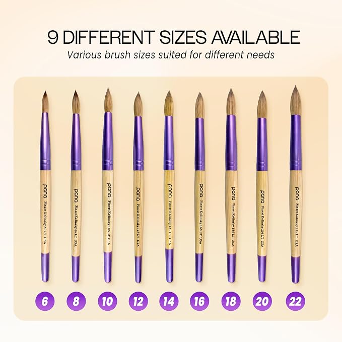 PANA Pure Kolinsky Hair Acrylic Nail Brush - Round Shape Purple Ferrule with Beige Wood Handle (Size 10)